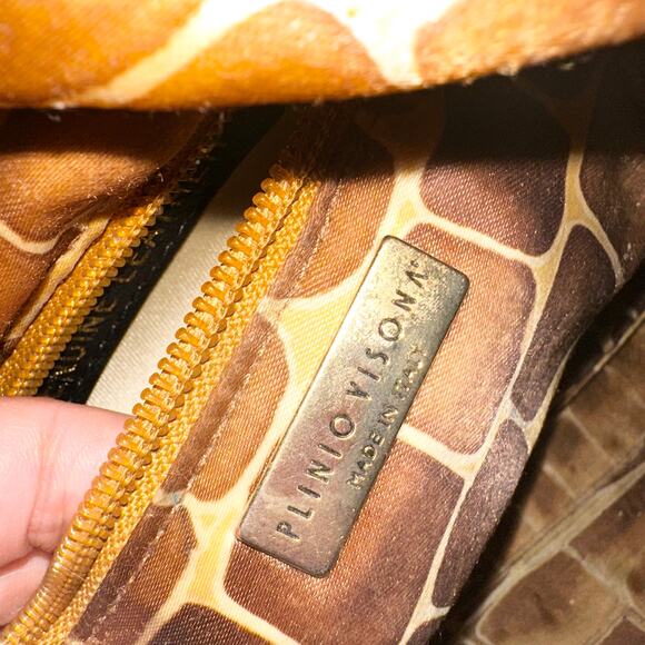 Plinio Visona Italy Black Leather Tan Stitch Shoulder Bag Animal Print Liner - Picture 10 of 10